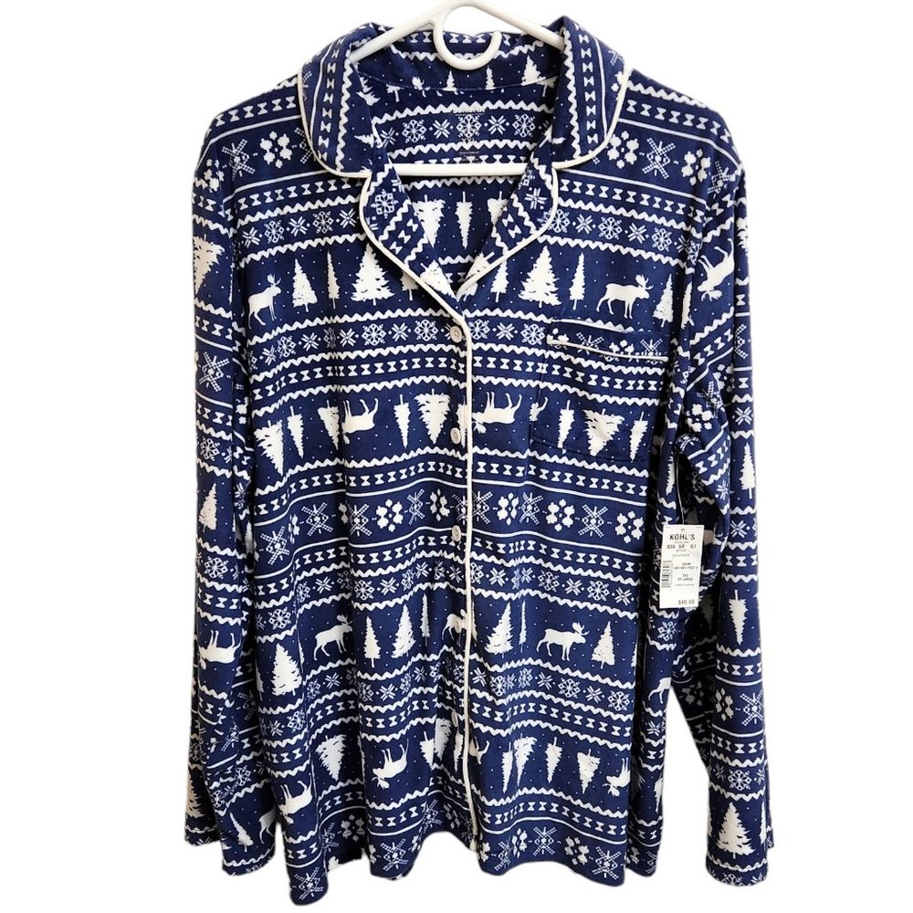 NEW Sonoma 2-Piece Faux Fur Blue & White Nordic Print Pajama Set Size XXL